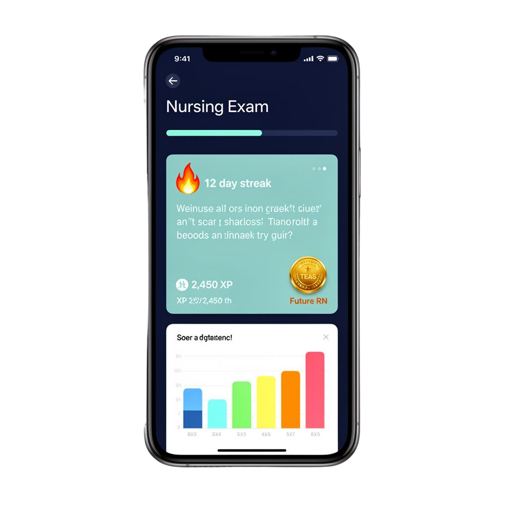 SHIFT TEAS app showing study progress, streaks, and XP